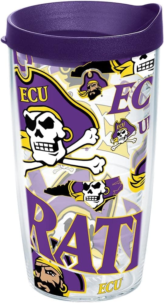 Tervis Made in USA Double Walled East Carolina University Pirates Insulated Tumbler Cup Keeps Drinks Cold & Hot, 16oz, All Over