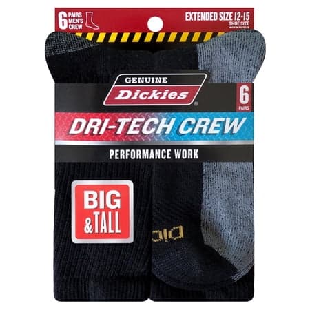 Dickies Men's Dri-Tech Moisture Control Crew Sock, 6-Pack Black, Size 12-15