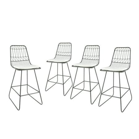 Emory Outdoor Wire Counter Stools with Cushions (Set of 4), Gray and Ivory