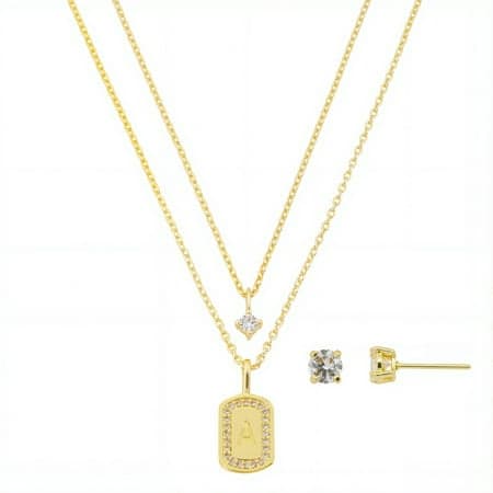 Believe by Brilliance Women's 14Kt Gold Flash Plated Cubic Zirconia Double Layer Tag "A" Necklace and Earring Set