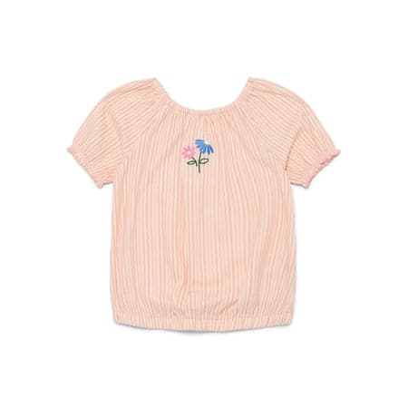 Wonder Nation Little Girls Puff Sleeve Top with Embroidery, Sizes 4-10