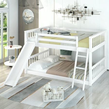 Euroco Full over Full Floor Bunk Bed with Changeable and Ladder, Solid Wood for Kids Teens Adults,White