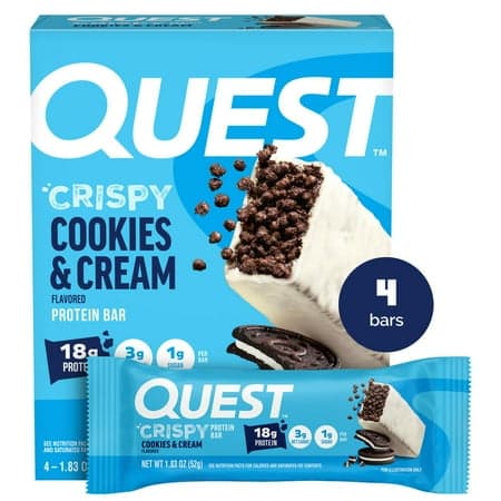 Quest Crispy Protein Bar, Cookies & Cream Flavor, Protein Rich, Low Sugar, 4 Count