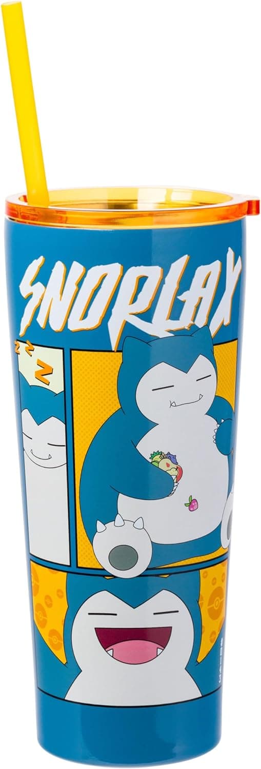 Silver Buffalo Pokemon Snorlax Eating Sleeping Happy Double Walled Stainless Steel Tumbler with Straw, 22 Ounces
