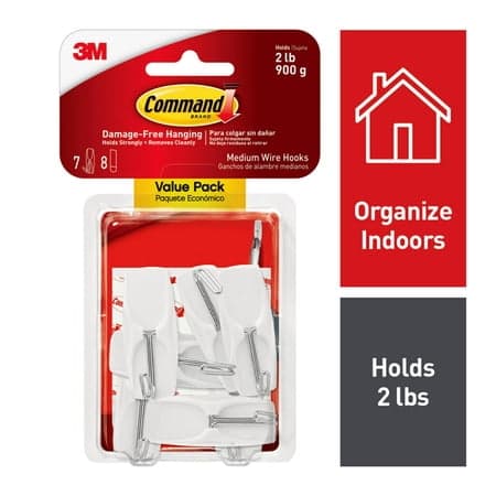 Command Medium Wire Toggle Hooks, White, Damage Free Organizing, 7 Hooks and 8 Strips