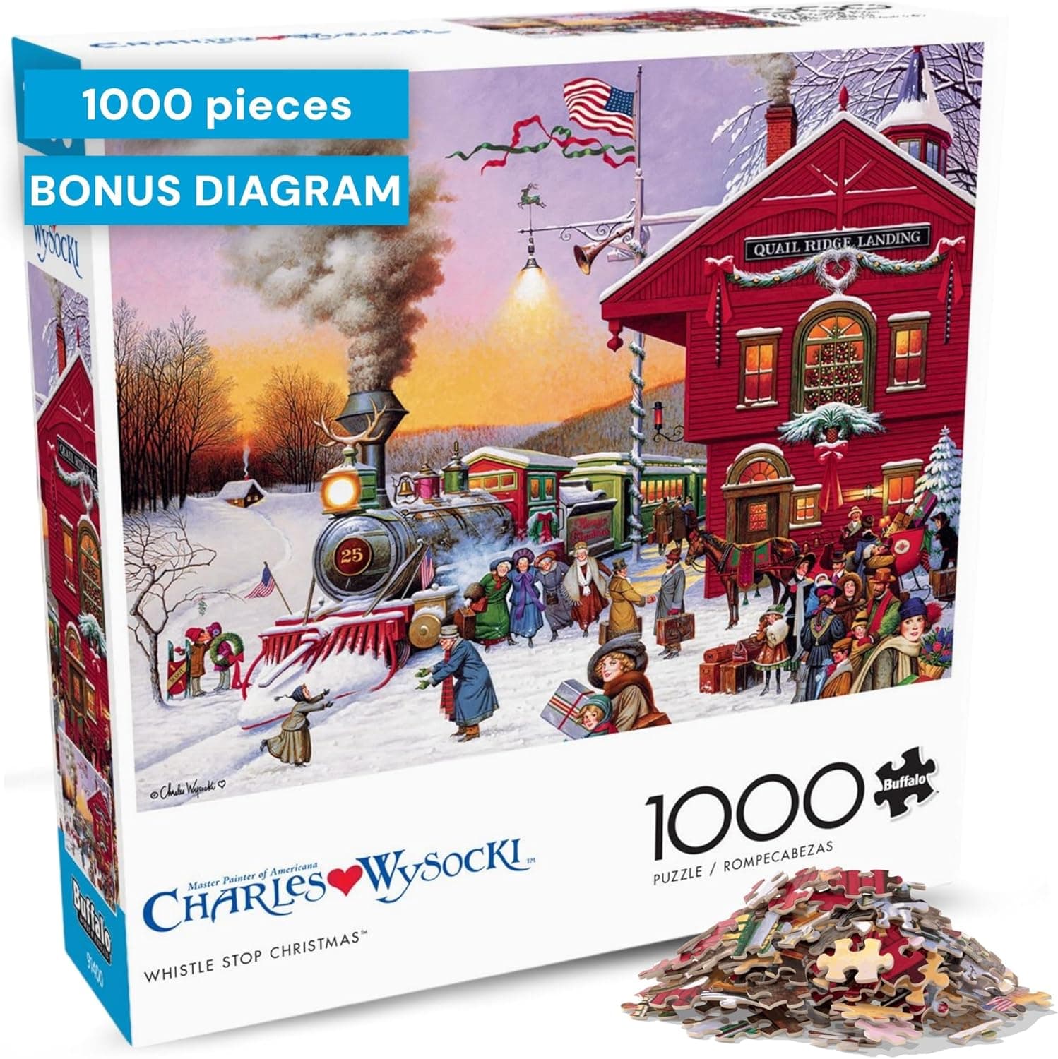 Buffalo Games – Charles Wysocki - Whistle Stop Christmas- 1000 Piece Holiday Jigsaw Puzzle - Festive Puzzles for Adults – Precision-Cut Pieces, Winter Artwork, Hours of Relaxing Fun