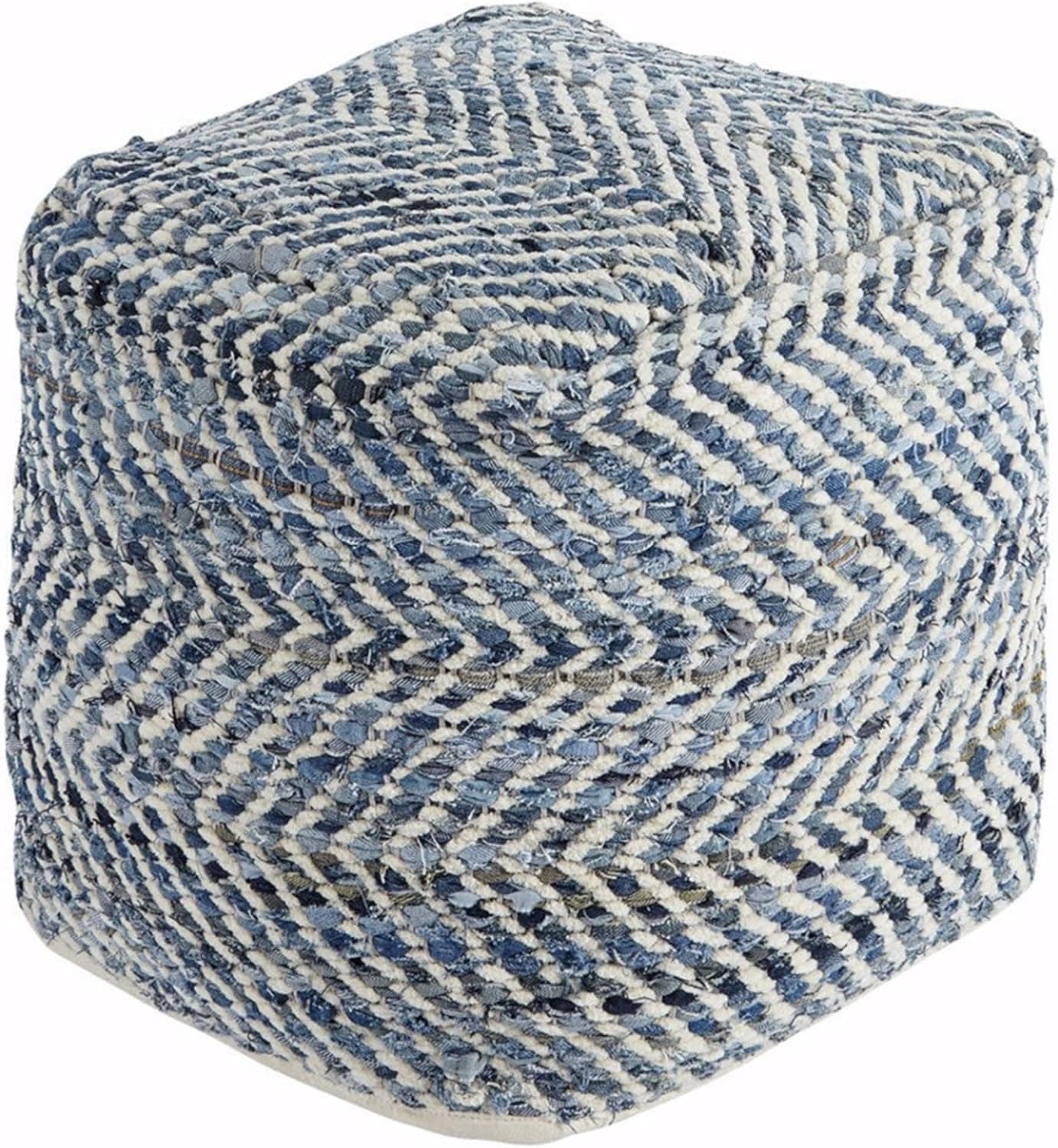 Stylish Handwoven Pouf - 18" Chevron Design in Blue & White