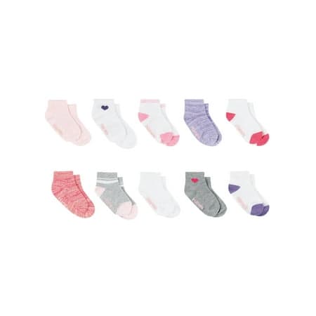 Hanes Infant/Toddler Girls' Ankle Socks, Gripper Bottoms, 10-Pairs Grey/White/Pink/Purple Assorted 12MTH
