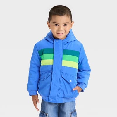 Toddler Boys' Colorblock Striped Heavyweight Puffer Jacket - Cat & Jack™ Blue 12M