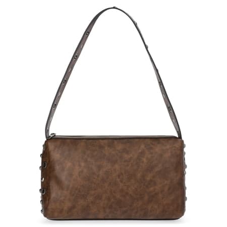 No Boundaries Women's Faux Leather Studded Moto Shoulder Bag, Brown