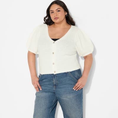 Women's Puff Short Sleeve V-Neck Cardigan - Wild Fable™ Off-White 1X