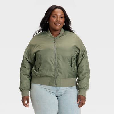 Women's Satin Bomber Jacket - Universal Thread™ Olive Green 1X