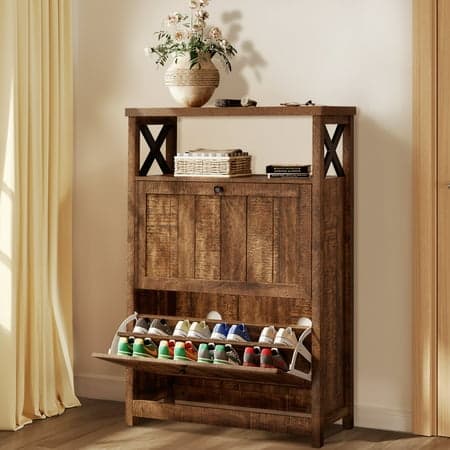 Dextrus Shoe Cabinet with 2 Flip Drawers & Open Shelves, Modern Entryway Shoe Rack, Tipping Bucket Shoe Storage Organizer for Entryway/Hallway/Closet, Brown