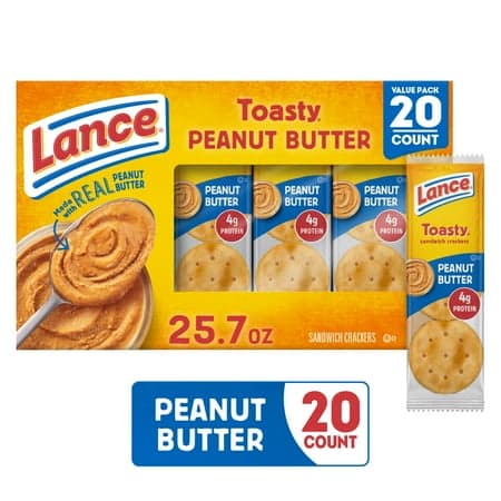 Lance Sandwich Crackers, Toasty Peanut Butter, 20 Individually Wrapped Packs, 6 Sandwiches Each