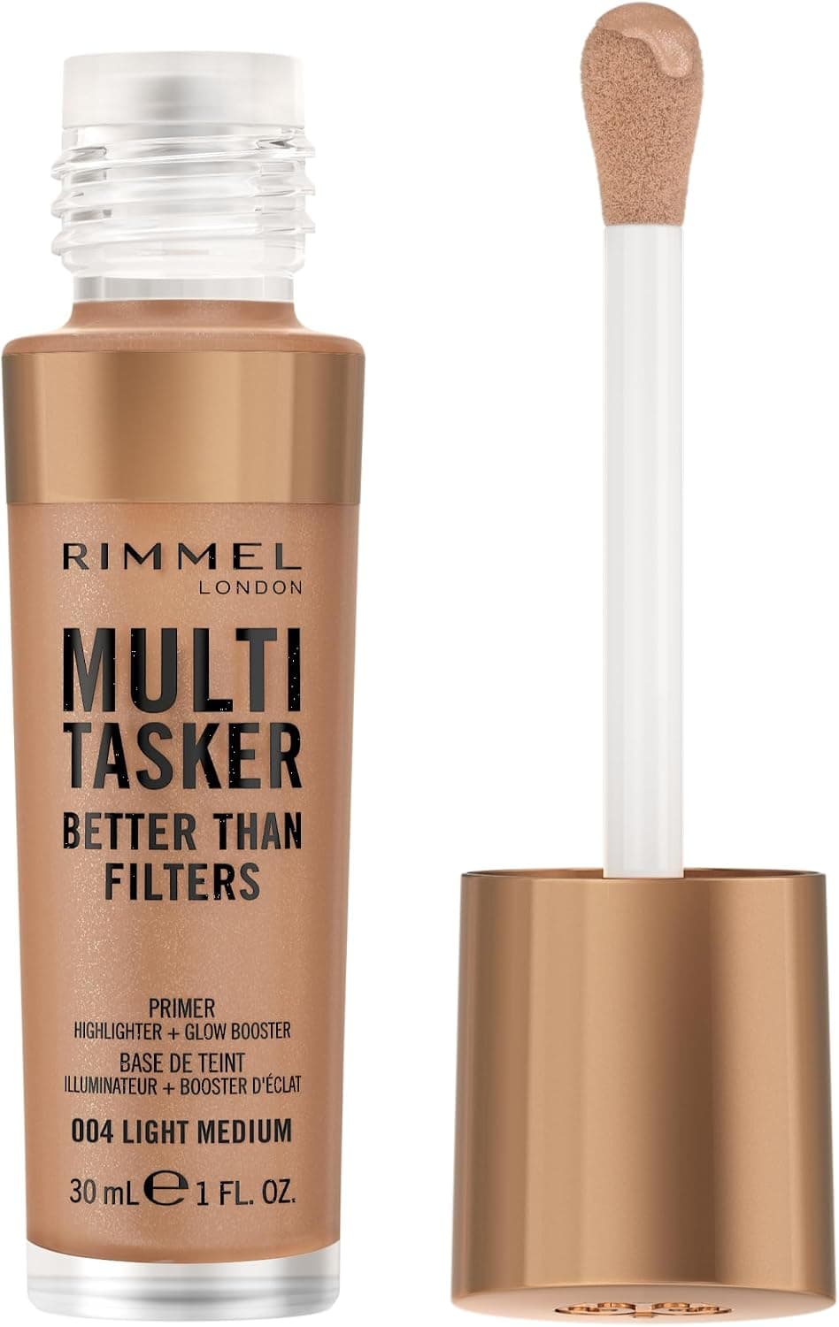 Rimmel Multi-Tasker Better Than Filters, 004 Light Medium, Face Primer, Glow Booster and Highlighter, Vegan Formula, Anti-Ageing Benefits, Light-Reflecting Pigments, Giant Soft-Touch Wand, 1oz