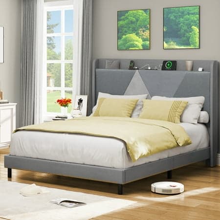 Dextrus Queen Size Bed Frame with Built-In Type-C & USB Ports, No Box Spring Needed, Gradient Grey