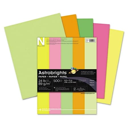 Astrobrights Color Paper - "Neon" Assortment, 24 lb., 8-1/2" x 11", 5 Colors, 500 Sheets