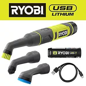 RYOBI USB Lithium Cordless Compact Detail Scrubber Kit w/ 2Ah Battery, 3x Heads $30 + Free S&H