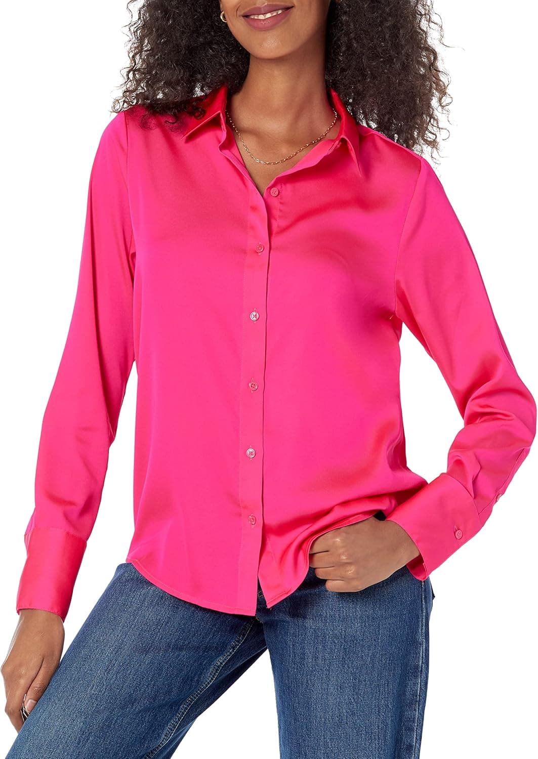 Amazon Essentials Women's Regular-Fit Satin Button Down Shirt (Available in Plus Size), Neon Pink, Medium