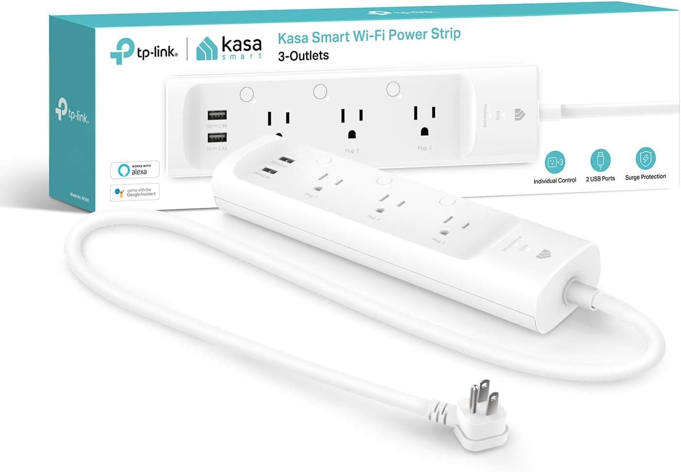 Kasa Smart Power Strip: 3 Outlets, 2 USB Ports, Alexa/Google