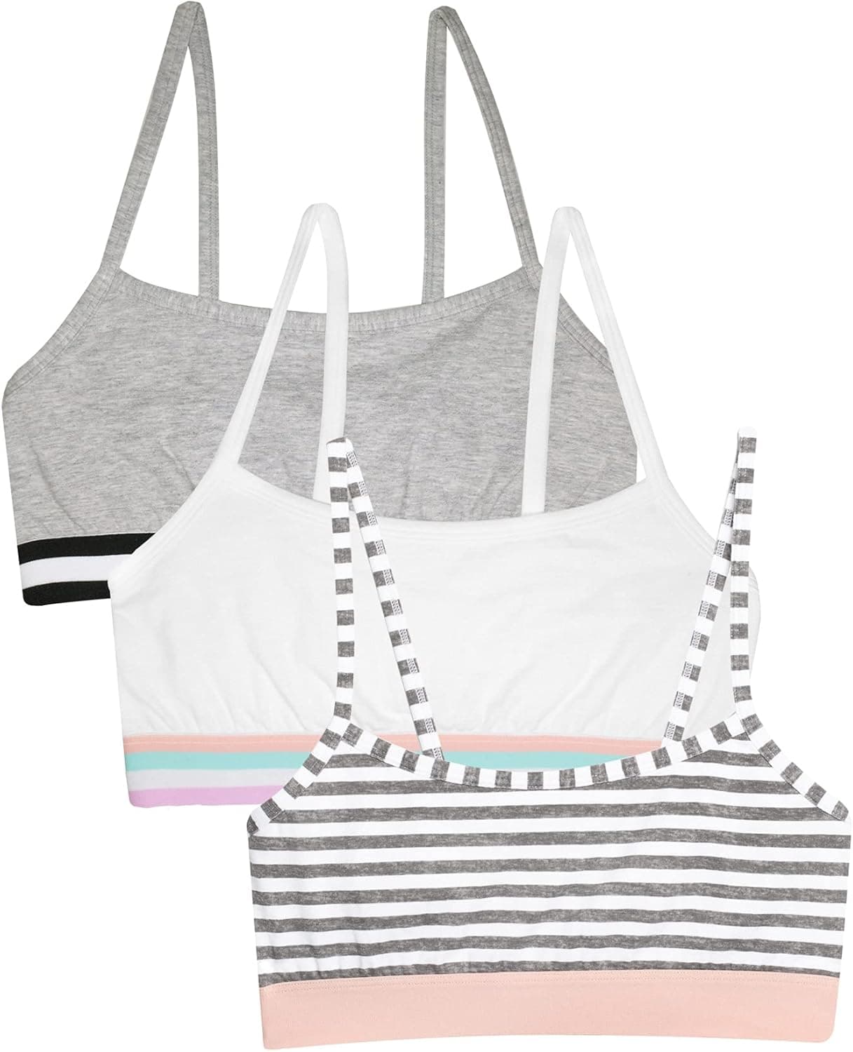 Fruit of the Loom Girls' 3 Pack Spaghetti Strap Sports Bra, Grey Stripe/Grey/White, 30