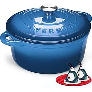 Overmont Enameled Cast Iron Dutch Oven with Lid and Potholder (Sapphire Blue)