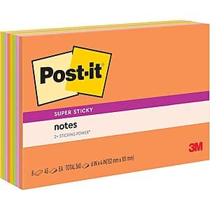 8-Ct 45-Sheets 6" x 4" Post-it Super Sticky Notes (Neon Fizz) $4.90