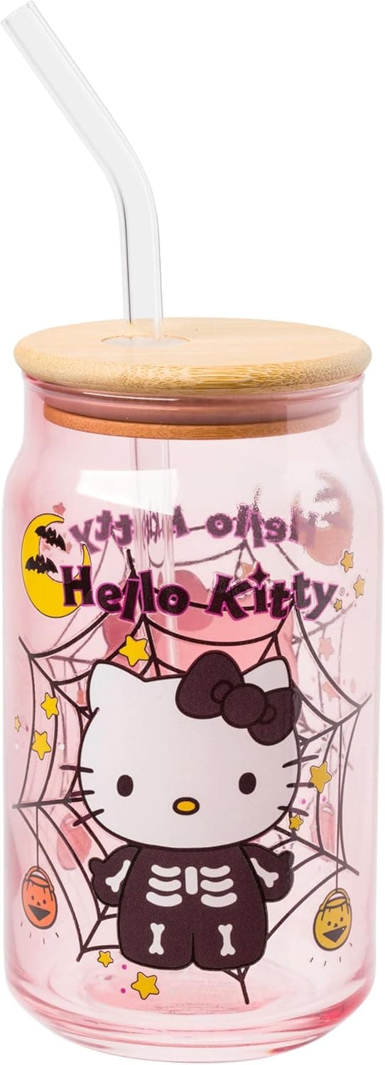 Silver Buffalo Sanrio Hello Kitty Halloween Spooky Skeleton Costume Pink Lavender Glass Jar Tumbler with Bamboo Lid and Glass Straw, 16 Ounces