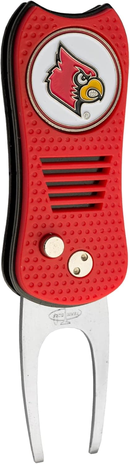 Team Golf NCAA Louisville Cardinals Retractable Divot Tool Switchblade Divot Tool with Double-Sided Magnetic Ball Marker, Features Patented Single Prong Design, Causes Less Damage to Greens, Switchblade Mechanism