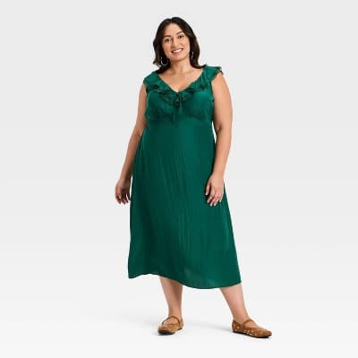 Women's Ruffle Lace Midi A-Line Dress - Universal Thread™ Dark Green 1X