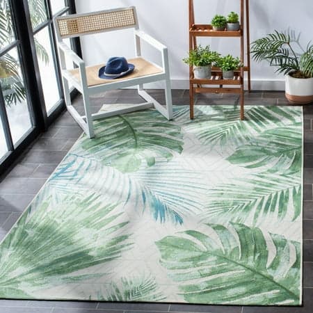 SAFAVIEH Barbados Distressed Palm Leaves Outdoor Area Rug, Green/Teal, 5'3" x 7'6"