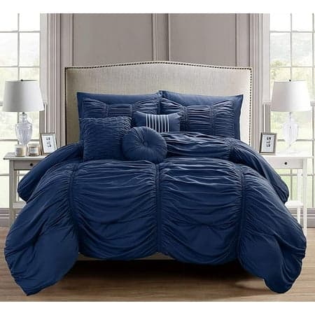 Elegant Comfort Softest, 10pc Pleated Bedding-in-a-Bag, Ruched Ruffle Comforter Set Featuring Decorative Pillows and Fitted Sheet with Storage Pockets, Pleated Comforter, King, Hale Navy