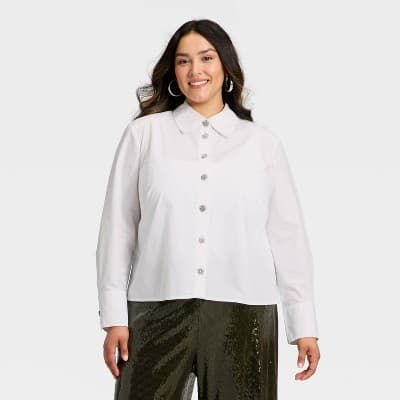 Women's Long Sleeve Embellished Button-Down Shirt - A New Day™ White 3X