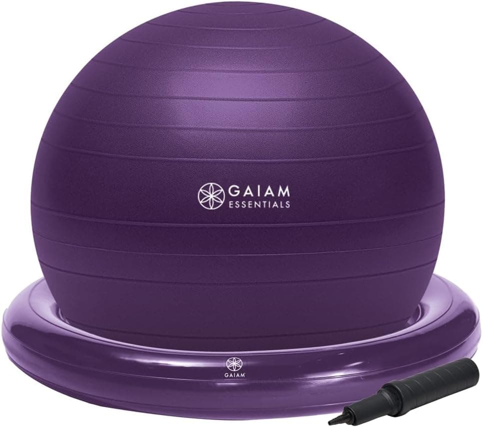 Gaiam Essentials Balance Ball & Base Kit, 65cm Yoga Ball Chair, Exercise Ball with Inflatable Ring Base for Home or Office Desk, Includes Air Pump - Purple