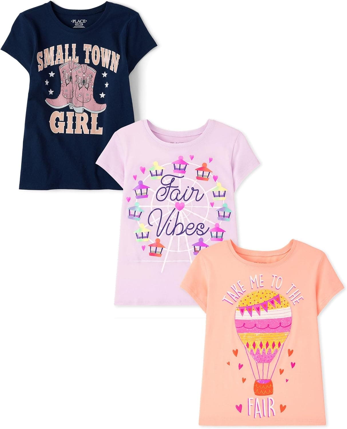 The Children's Place,Girls,Assorted Everyday Short Sleeve Graphic T-Shirts,Multipacks,Fair Vibes/Small Town/Fair 3-Pack,X-Large