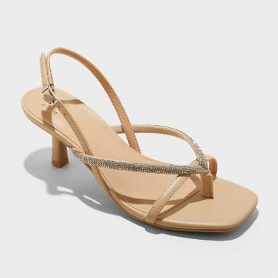 Women's Marin Rhinestone Skinny Thong Heels - A New Day™ Silver 8: Square Toe, Cushioned Insole, Buckle Closure, Textured Outsole