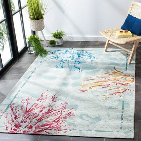 SAFAVIEH Barbados Coral Outdoor Area Rug, 5'3" x 7'6", Teal/White