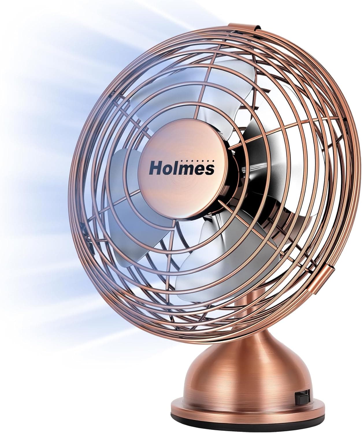 HOLMES 4" Mini Heritage Desk Fan, USB-Powered, Single Speed, 4 Blades, Adjustable 100° Head Tilt, Metal Construction, Ideal for Home, Dorm Rooms, Bedrooms, Office or Travel, Vintage Brushed Copper