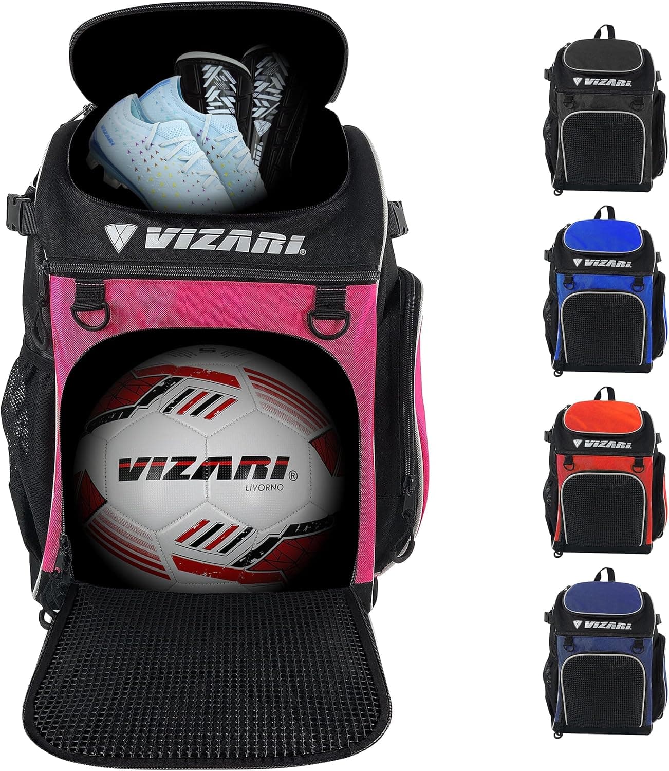 Vizari Soccer Backpack Soccer Bag | Water resistant Durable Equipment Bag for Football, Basketball, Volleyball | Cleats and Ball Compartment - Black, Blue, Red