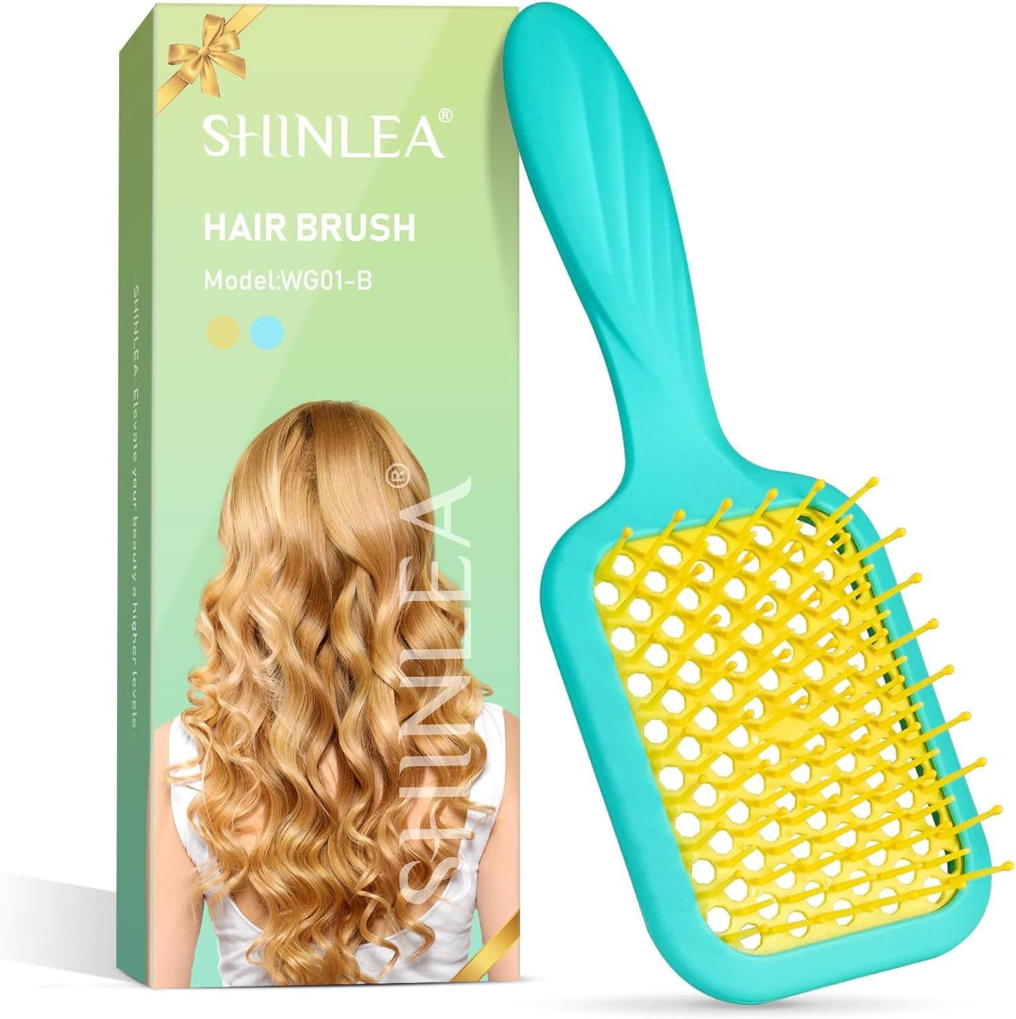 SHINLEA Vented Detangler Brush for Curly Thick Hair, Women Hairbrush with Soft Wave-Shaped Bristles, Curl Detangling Brush for Swimming Beach, Yellow and Blue