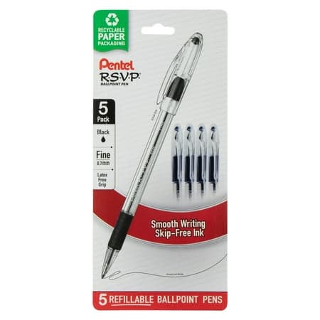Pentel RSVP Ballpoint Pen, (0.7mm) Fine Line, Black Ink, 5 Pens Per Pack