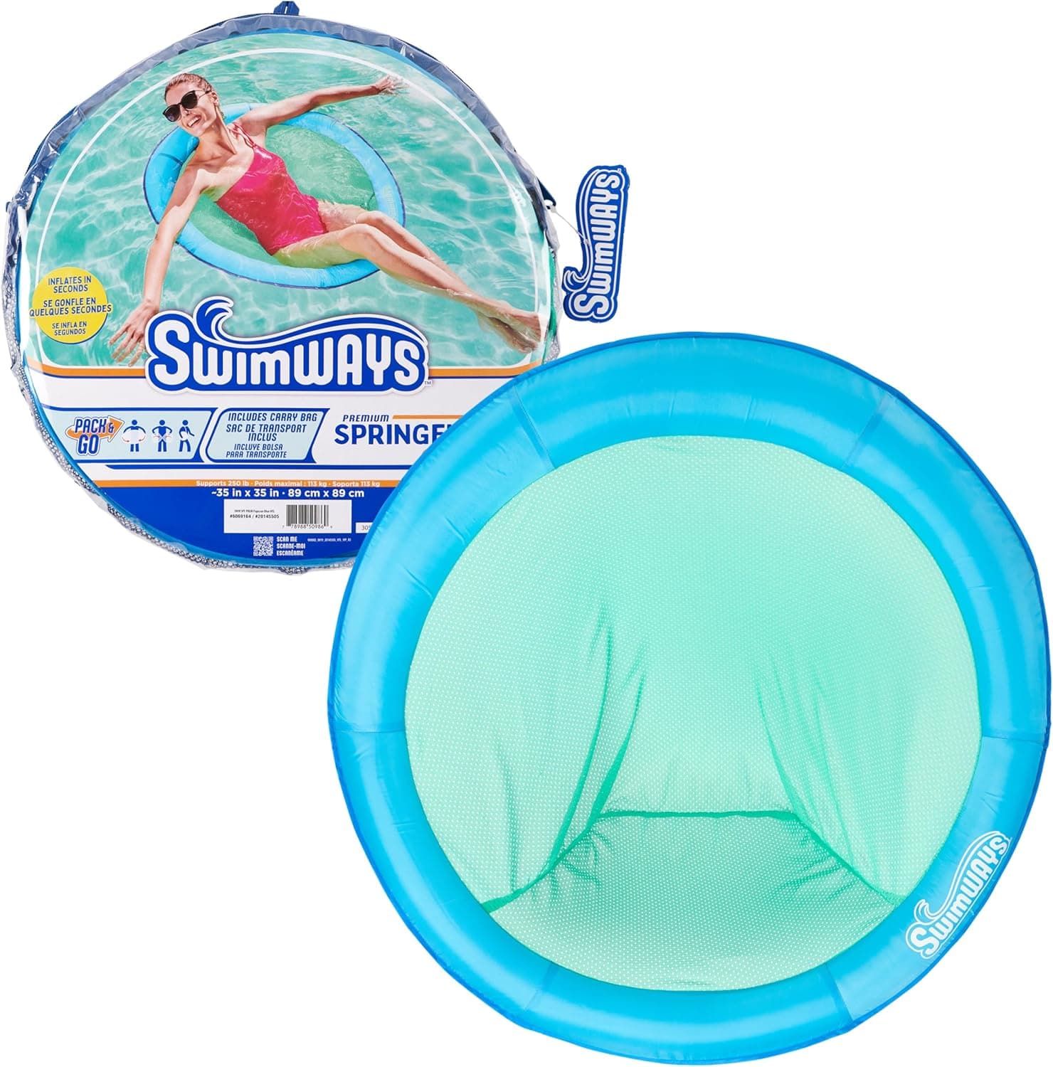 SwimWays Spring Float Premium Papasan Pool Lounger, Inflatable Pool Floats Adult with Fast Inflation for Ages 15 & Up, Sky Blue