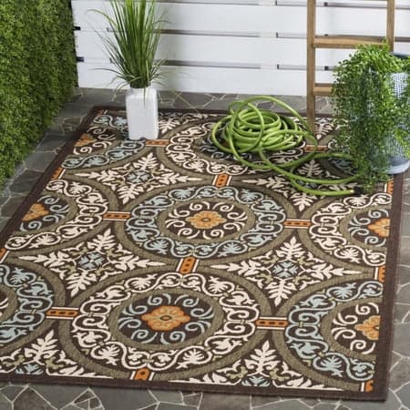 SAFAVIEH Veranda Durga Geometric Indoor/Outdoor Area Rug, 5'3" x 7'7", Chocolate/Aqua