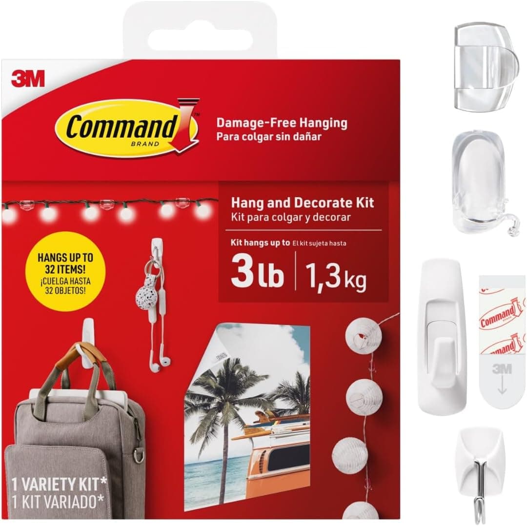 Command Hang and Decorate Kit, 6 Small Toggle Hooks, 2 Medium Utility Hooks, 4 Medium Cord Clips, 10 Light Clips, and 20 Poster Strips, Dorm Room Essentials