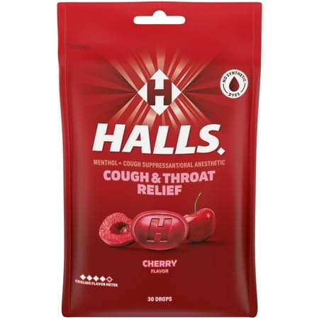 HALLS Cough and Throat Relief Cherry Cough Drops, 30 Drops